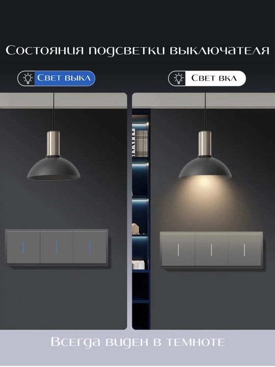 Выключатель с LED подсветкой, одинарный и двойной, в трех цветах