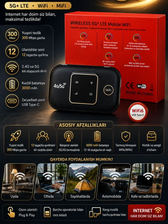 Cho‘ntak Wi-Fi routeri, SIM-kartali Wi-Fi routeri, internet provayderi, 4G, 5G, LTE modemi