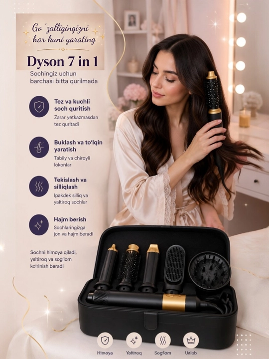 Fen-stayler, Dyson, 7 in 1, barcha turdagi sochlar uchun