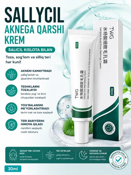 Husnbuzarga qarshi salitsil kislotali yuz kremi akne va postakne uchun 30 ml - 