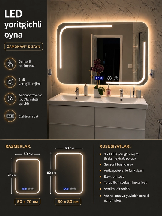 LED yoritgichli vannaxona oynasi zamonaviy interyer uchun moʻljallangan - 