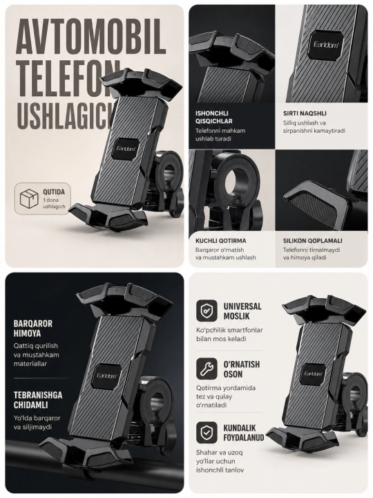Velosiped va mototsikl ruli uchun Earldom ET-EH275 telefon tutqichi, qora - 