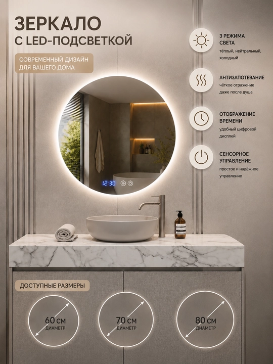 LED yoritgichli dumaloq oyna – 60 / 70 / 80 sm - 