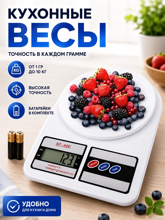 Elektron oshxona tarozilari mini, 10 kg gacha, batareyalar kiritilgan - 