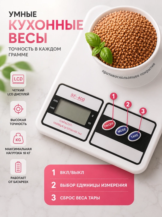 Электронные кухонные весы мини, до 10кг, батарейки в комплекте