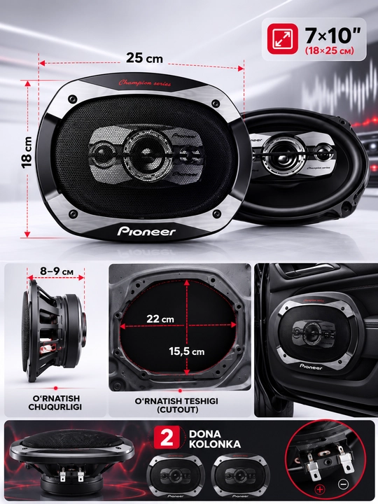 Avto kolonka Pioneer TS-7150F 7x10 dyuym qora, 500W oval dinamik