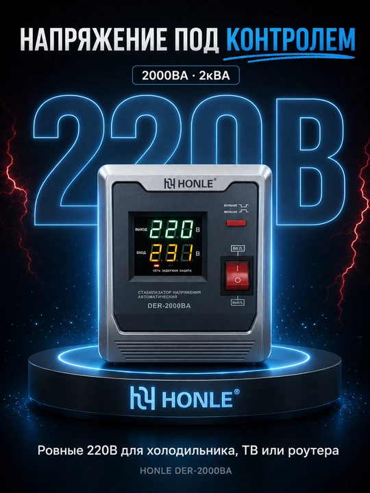 Стабилизатор напряжения HONLE DER-2000BA 2000ВА (2кВА) для дома, защита от скачков - 