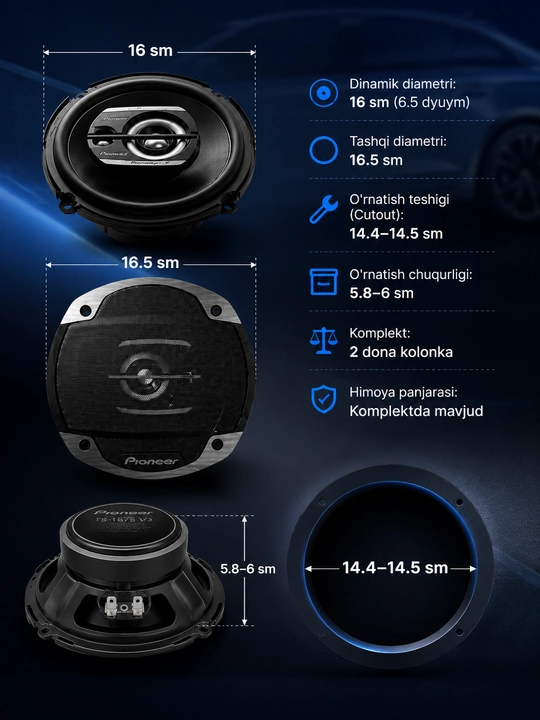Avto kolonka PIONEER TS-1675 V3 16 sm 3 yo‘lli qora juft to‘plam