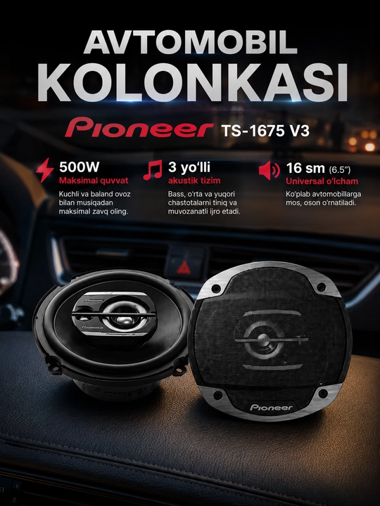Avto kolonka PIONEER TS-1675 V3 16 sm 3 yo‘lli qora juft to‘plam - 