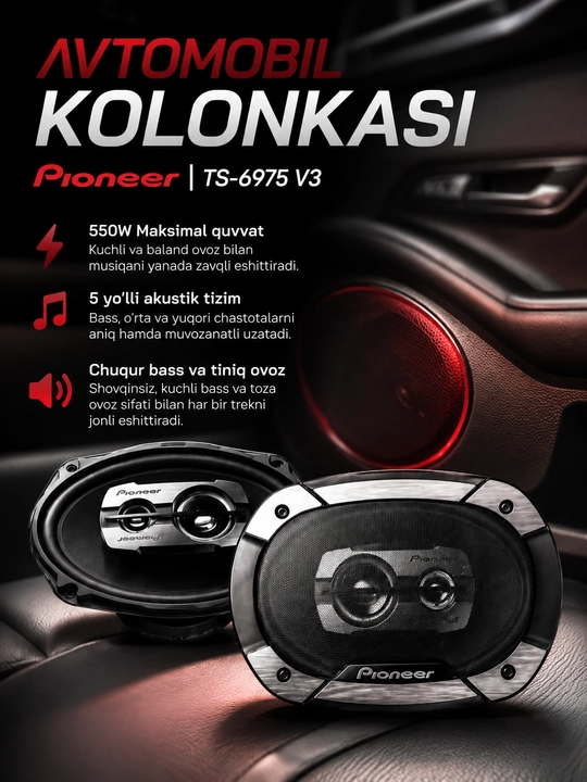 Avto kalonka PIONEER TS-6975 V3 6x9 dyuym, 3 yo‘lli, qora, 550W max - 