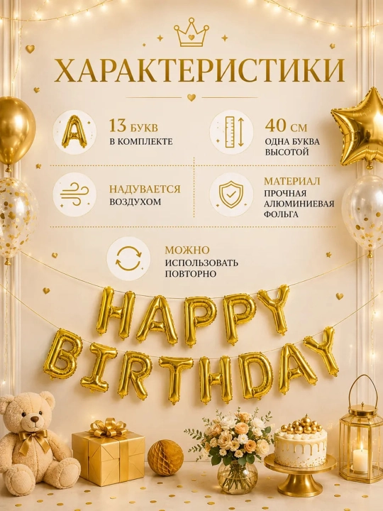Tug‘ilgan kuningiz bilan, "Happy Birthday" harfli sharlar, fotozona uchun to‘plam
