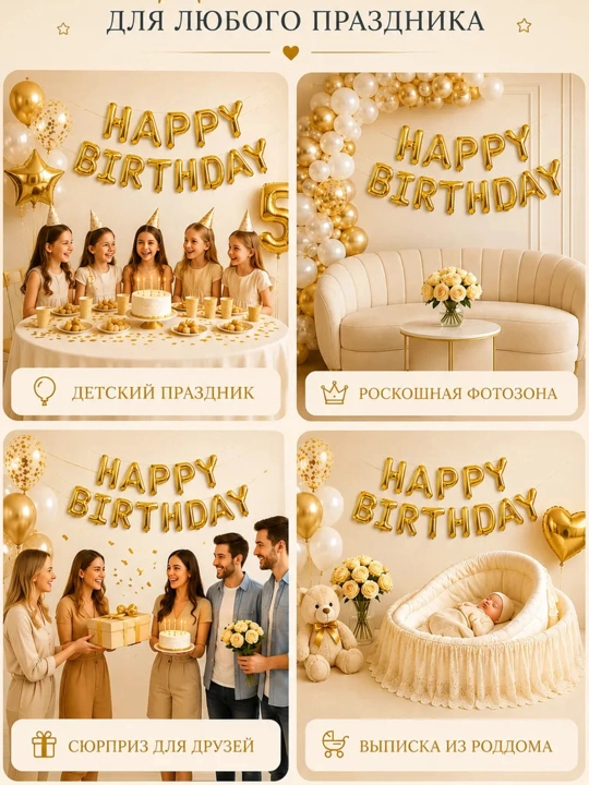 Tug‘ilgan kuningiz bilan, "Happy Birthday" harfli sharlar, fotozona uchun to‘plam