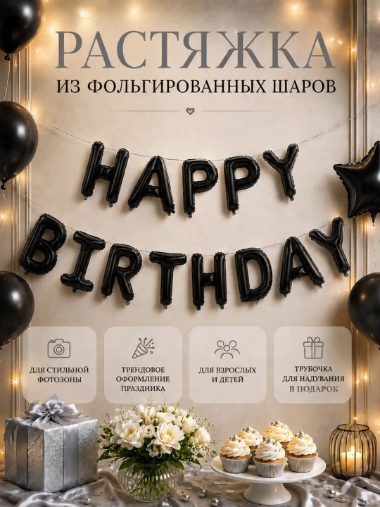 Tug‘ilgan kuningiz bilan, "Happy Birthday" harfli sharlar, fotozona uchun to‘plam