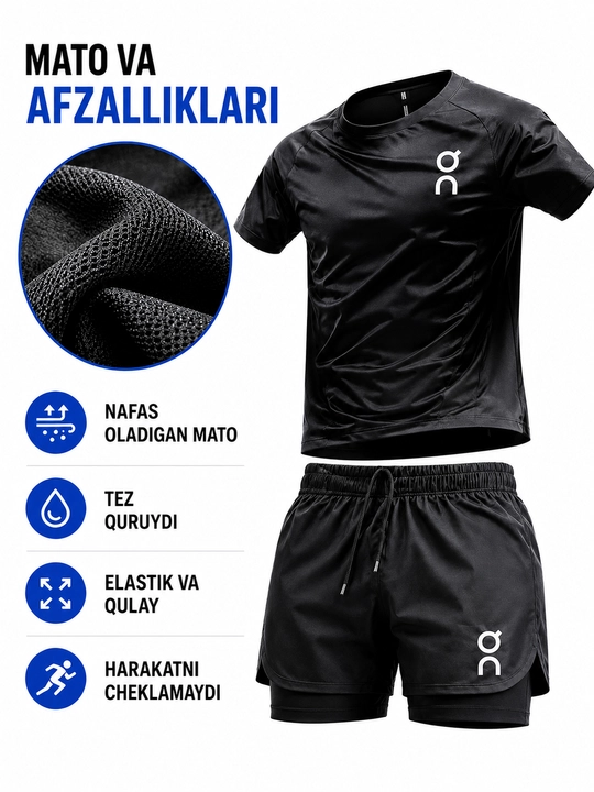 Erkaklar sport komplekti futbolka va shortik mashg‘ulotlar uchun nafas oluvchi sport kiyim