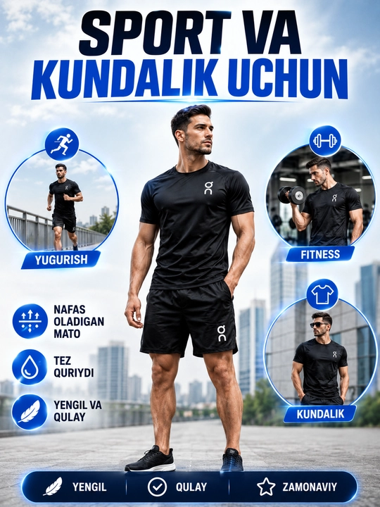 Erkaklar sport komplekti futbolka va shortik mashg‘ulotlar uchun nafas oluvchi sport kiyim