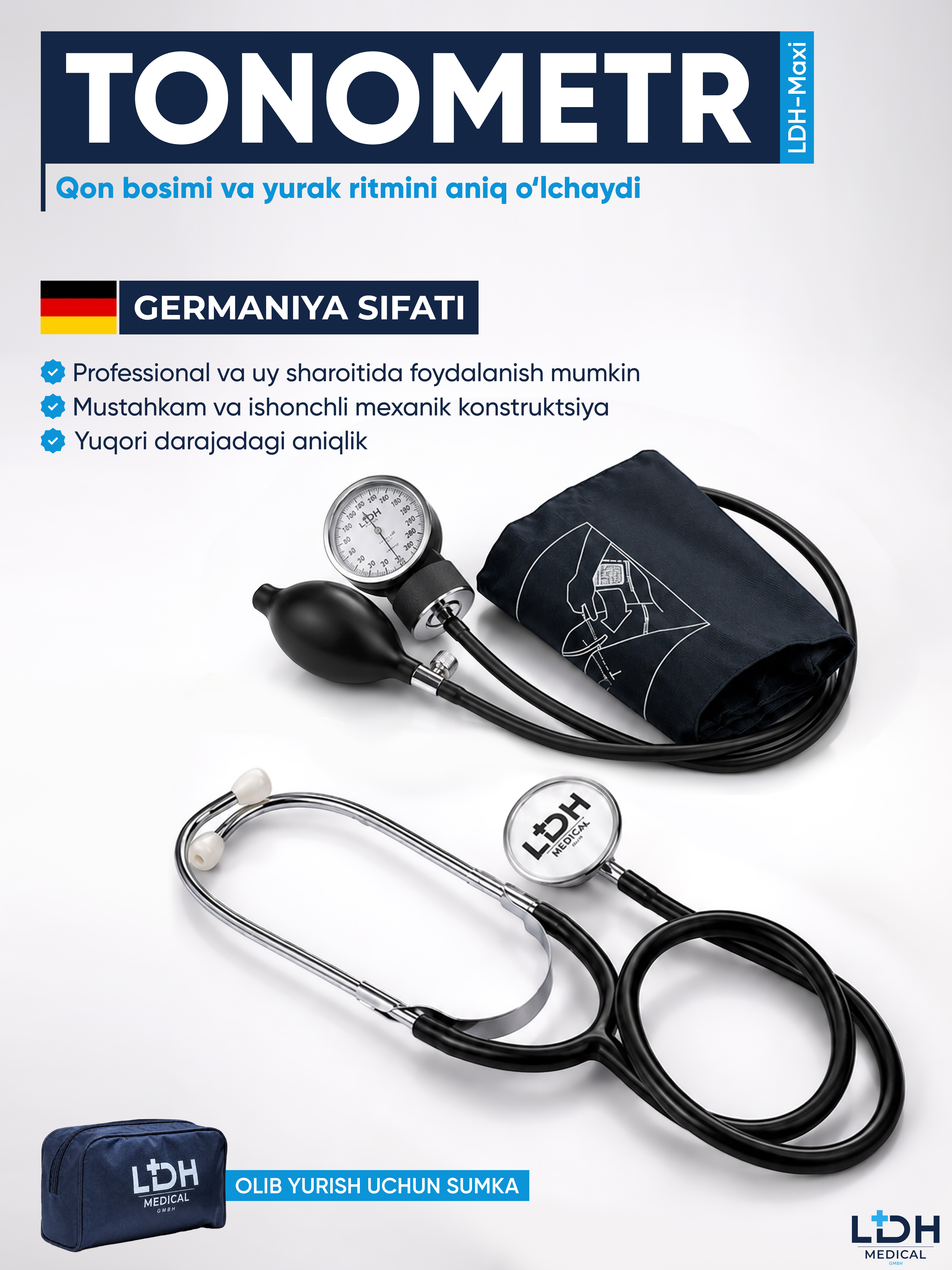 Qon bosimini o‘lchash uchun fonendoskopli LDH-Maxi mexanik tonometri - 
