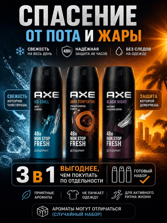Набор Axe дезодорантов 3 в 1 мужской спрей парфюмированный, 3х150 мл