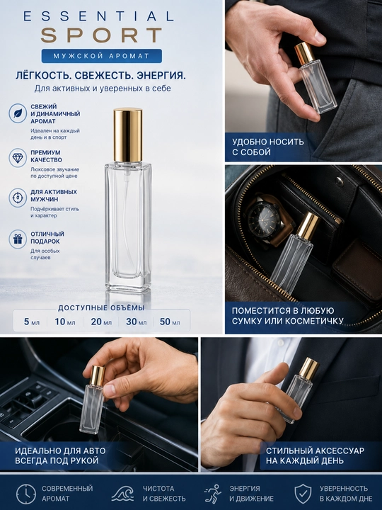 Essential Sport erkaklar atir suvi, yangi sport aromati, 5–50 ml