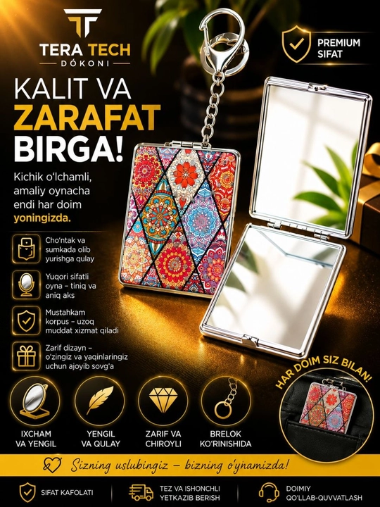 Makiyaj uchun cho'ntak oynasi, kattalashtirish, yig'ma,va zanjirli - 
