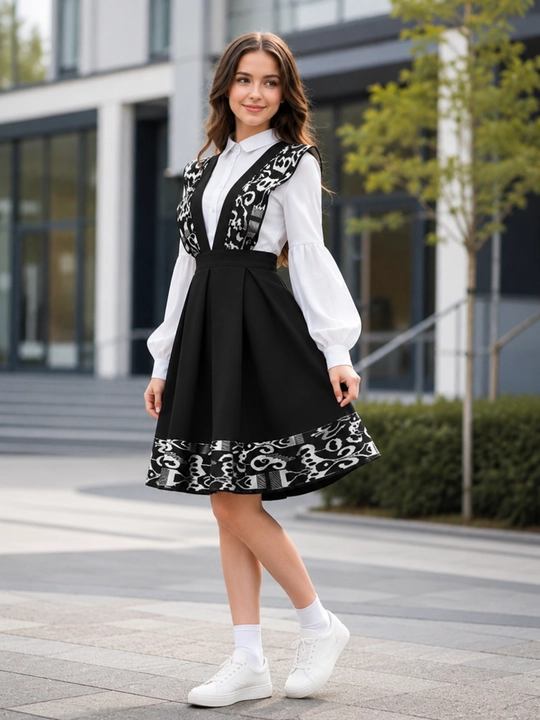 Школьный сарафан для девочки чёрный с декоративным узором и складками