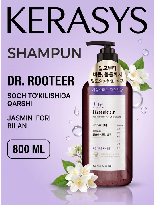 Dr.Rooteer Kerasys ayollar va erkaklar uchun soch to‘kilishi va qazg‘oqqa qarshi shampun, 800 ml