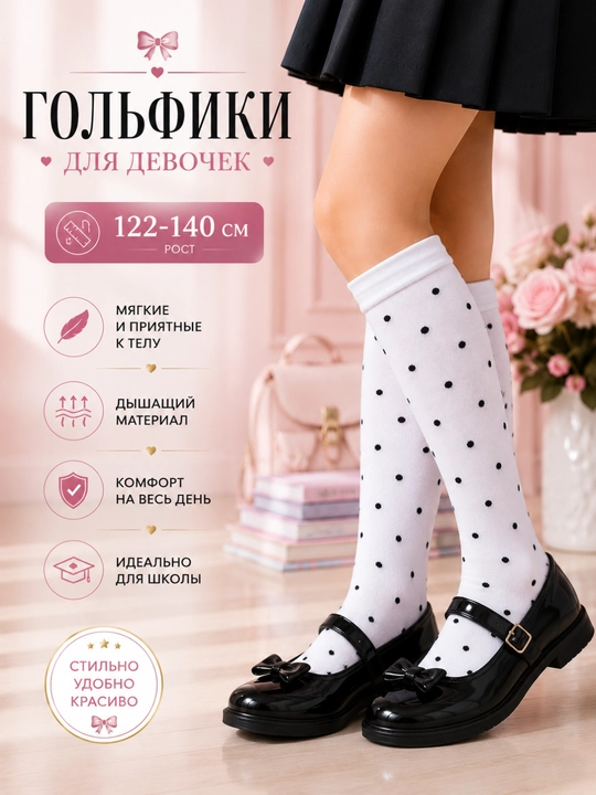 Гольфы белые для девочек. Длинные школьные гольфы. Гольфы со звездами. 122–140 см - 