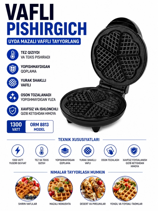 ORVICA ORM-8813 Elektr Vafli Pishirgich 1300W Yurak Shaklli Vafli Tayyorlagich
