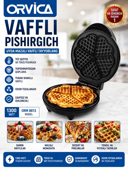 ORVICA ORM-8813 Elektr Vafli Pishirgich 1300W Yurak Shaklli Vafli Tayyorlagich - 