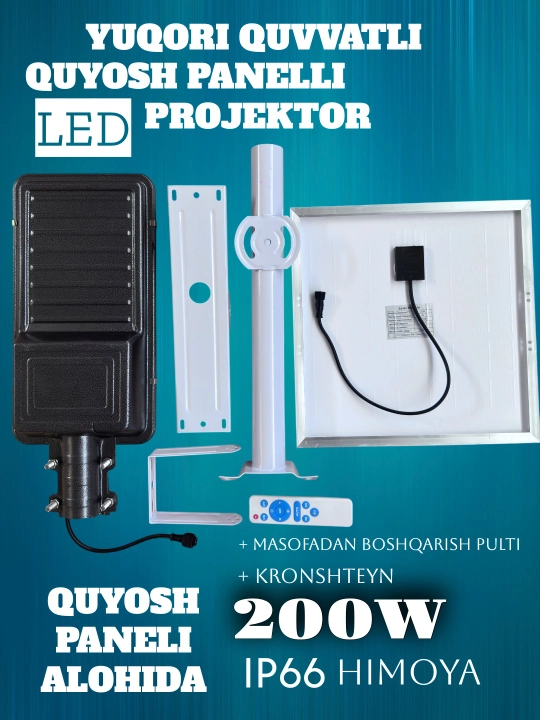 Quyosh paneli Alohida LED ko‘cha projektori 200W/300W/400W, IP66, pultli