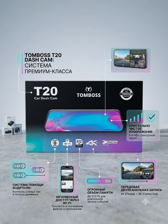 Old va orqa kamerali TOMBOSS T20 4K avtomobil videoregistratori