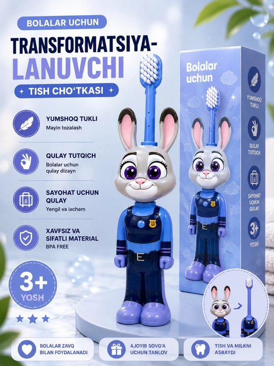 Bolalar uchun transformatsiyalanuvchi tish cho'tkasi, yumshoq tukli qopqoqli, portativ - 