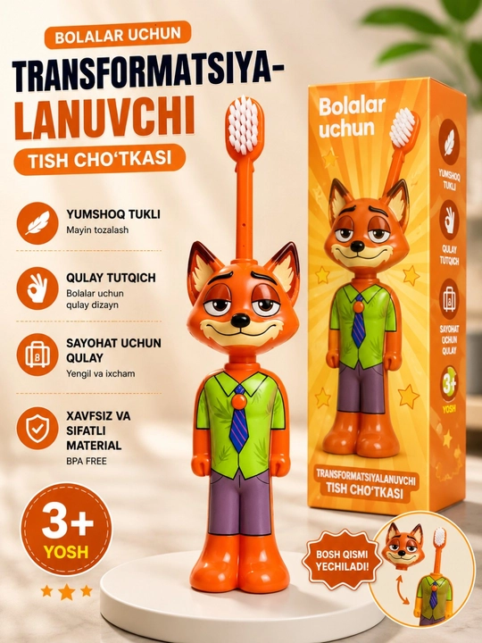 Bolalar uchun transformatsiyalanuvchi tish cho'tkasi, yumshoq tukli qopqoqli, portativ - 