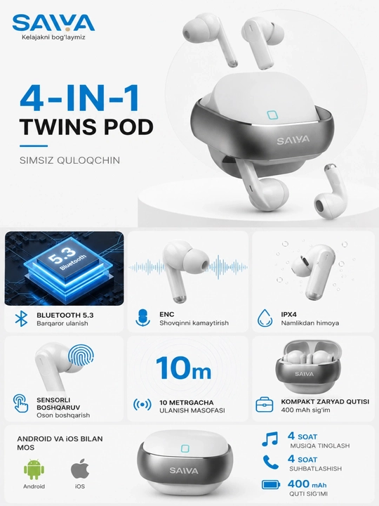 SAIVA TWS 4-in-1 Simsiz Quloqchin Bluetooth 5.3 | HD Ovoz | Sensorli Boshqaruv | IPX4 |