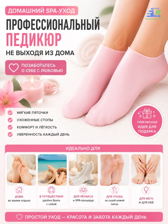 Силиконовые носочки для педикюра увлажняющие, многоразовые, размеры M/L