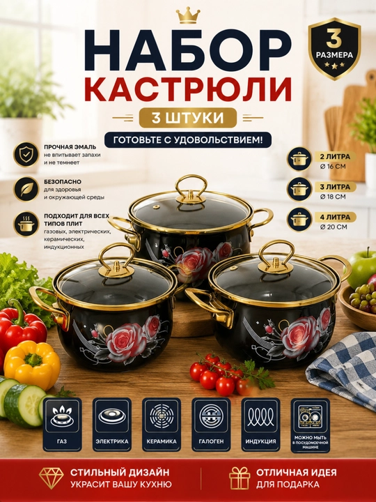 Набор кастрюли 3 шт Эмалированная - 