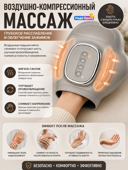Умный массажер для кистей рук с подогревом, компрессионный, 3 режима, беспроводной
