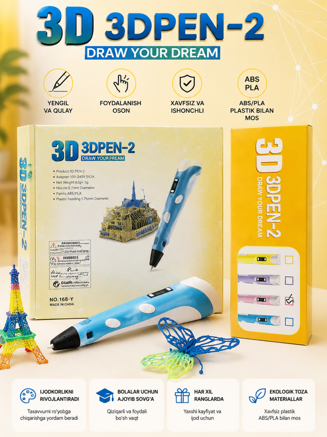 3D ручка с LCD дисплеем, для детей, ABS/PLA пластик, 4 цвета