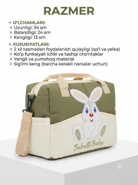 Sumka Ona va chaqaloq uchun Bebetto sumkasi, homilador ayollar uchun bo‘limli sumka
