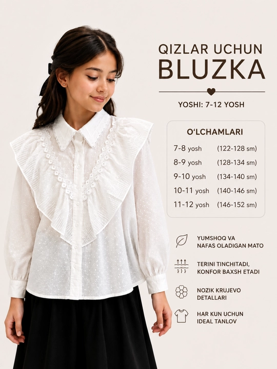 7-12 yoshli qizlar uchun maktabbop yoqali va volanli oq bluzka