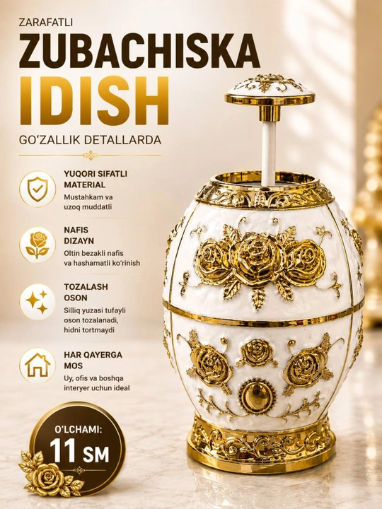 Dekorativ tish kovlagich uchun idish  Avtomatik zubachiska idishi, 11 sm