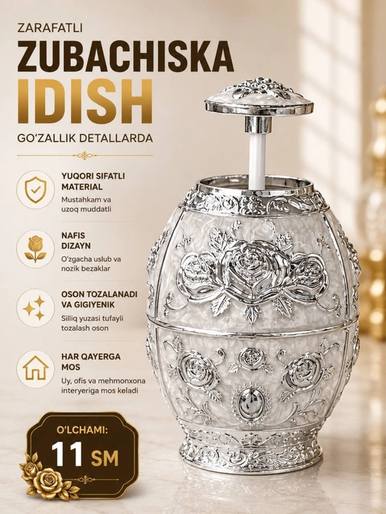 Dekorativ tish kovlagich uchun idish  Avtomatik zubachiska idishi, 11 sm
