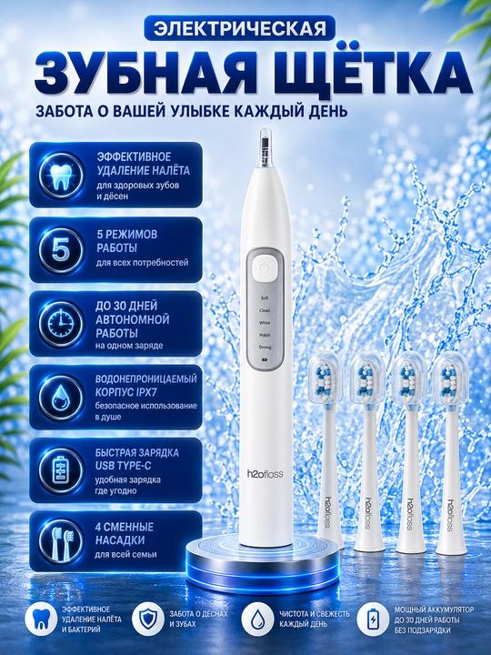 H2OFloss Portativ og‘iz irrigatori – professional tish va milk parvarishi, 8 ta nasadka