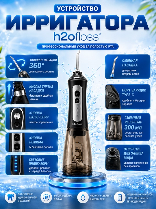 H2OFloss Portativ og‘iz irrigatori – professional tish va milk parvarishi, 8 ta nasadka