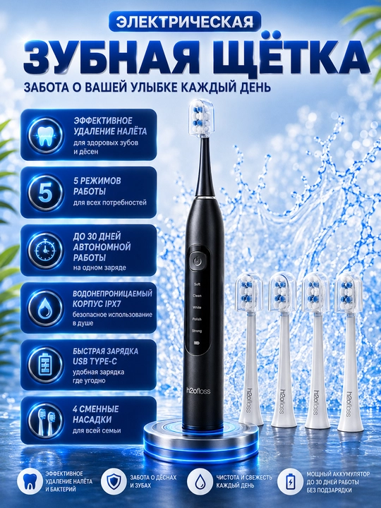 H2OFloss Portativ og‘iz irrigatori – professional tish va milk parvarishi, 8 ta nasadka