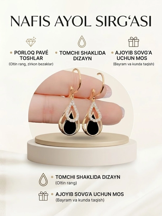 Ayollar sirg'asi tomchi shaklida, zirkon toshli oltin rangli taqinchoq, sovga uchun - 