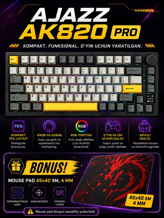 AJAZZ AK820 PRO mexanik klaviatura, 75%, RGB, ekran, Bluetooth, 2.4G - 