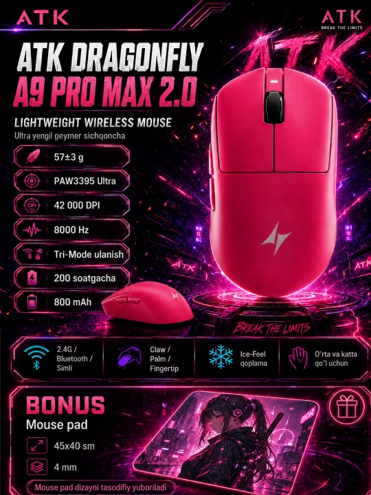 ATK A9 Pro Max 2.0 simsiz geymer sichqonchasi, 8000 Hz, PAW3395 Ultra - 