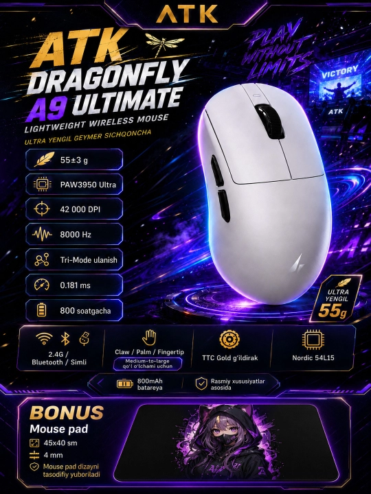 ATK Dragonfly A9 Ultimate simsiz geymer sichqonchasi, 8000 Hz, PAW3950 Ultra - 