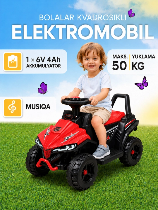 Bolalar uchun akkumulyatorli elektr kvadrotsikli, bolalar elektromobili - 