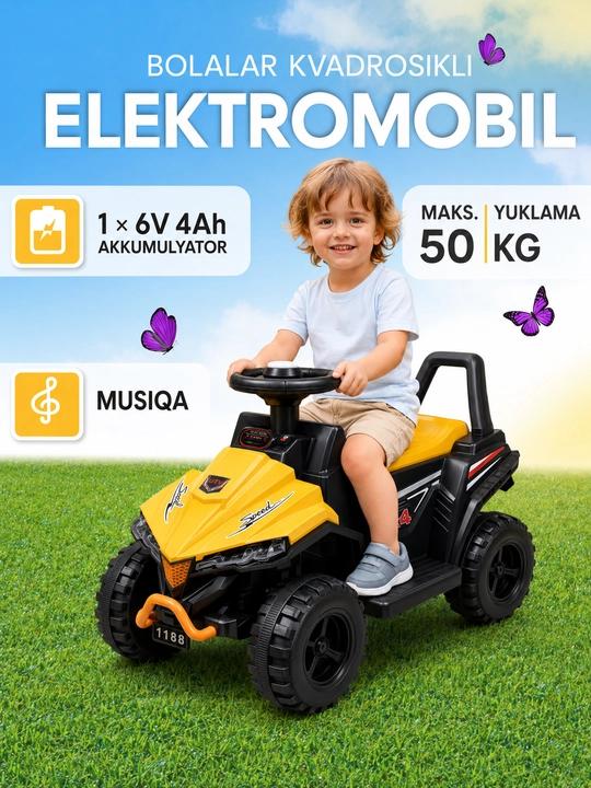 Bolalar uchun akkumulyatorli elektr kvadrotsikli, bolalar elektromobili - 